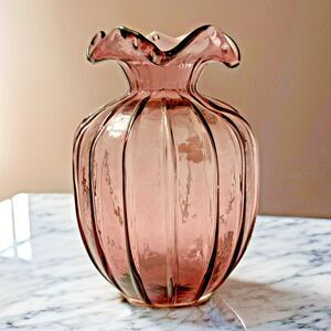 Vintage Cranberry Hand Blown Ribbed Ruffled Edge Oval Glass Vase 6 inches